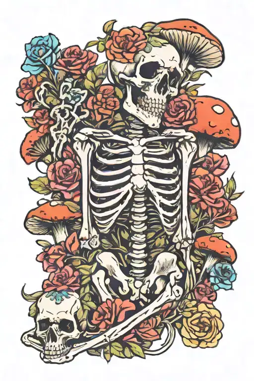 Skeleton Laying In Flowers And Mushrooms Growing