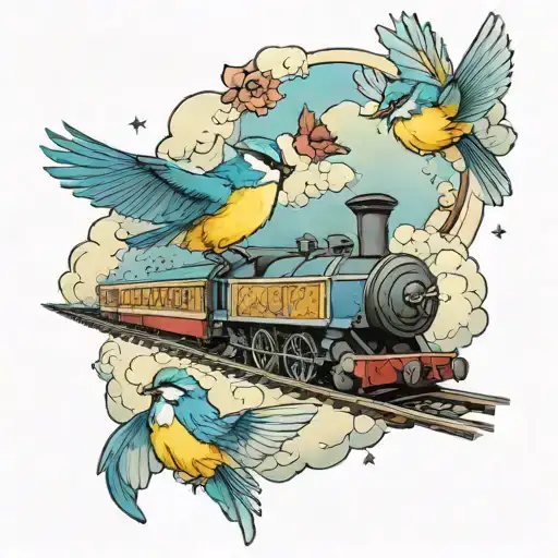 A Bluetit And A Robin Racing A Train On A Track Through The Clouds To The Pearly Gates Of Heaven