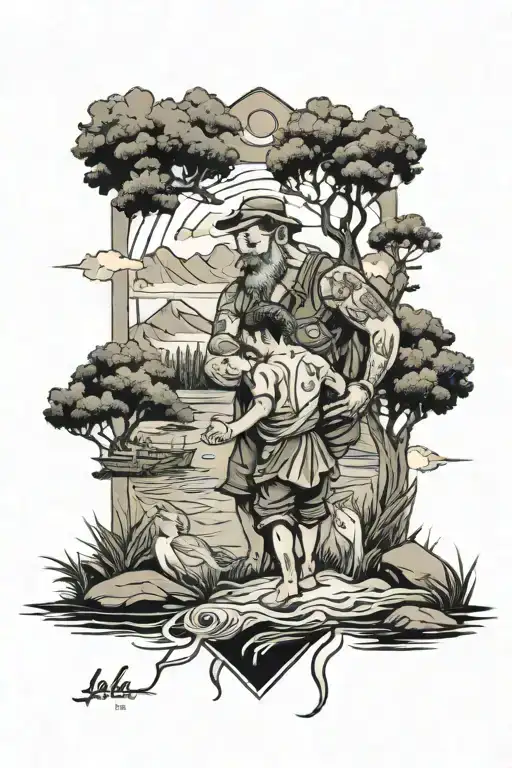 Dad And Son Lake Scene