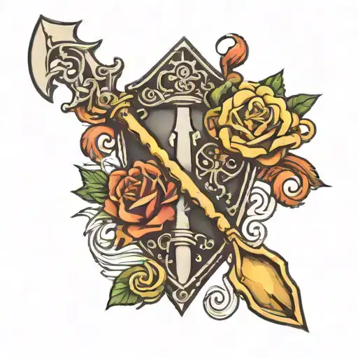 Shovel Garden Fork Crossed Scroll Clouds