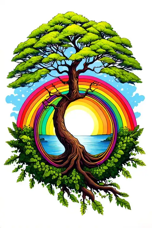 Tree Of Life With Rainbow Background