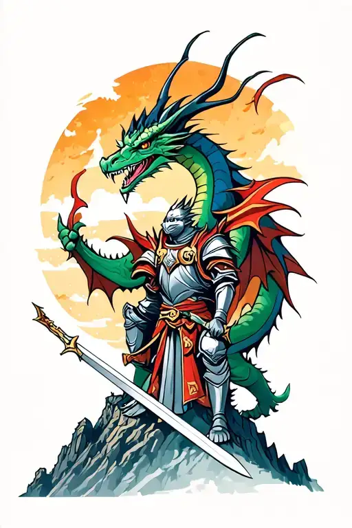Dragon On Castle Peak With Knight Standing Below With Sword Out