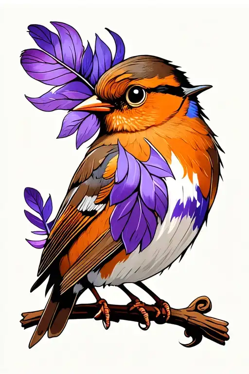 Robin Holding A Feather With A Violet