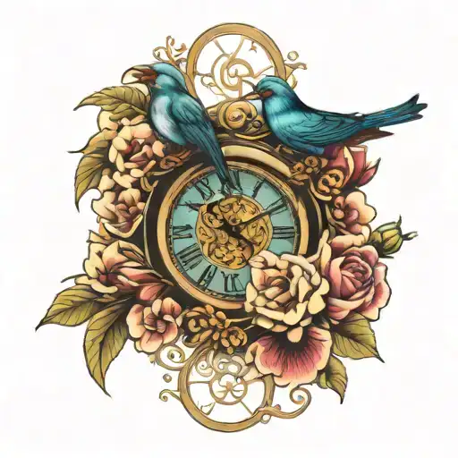 Birds With Flowers And Clock