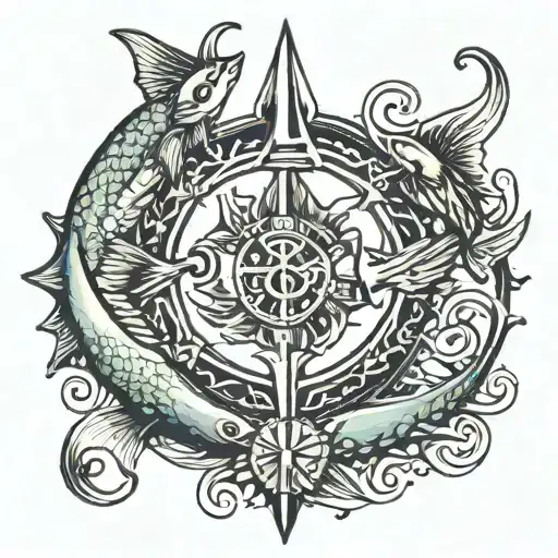 Pisces Symbol With Fish Around A Trident