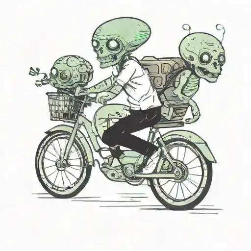 An Alien Taking His Alien Son To The School On His Bike
