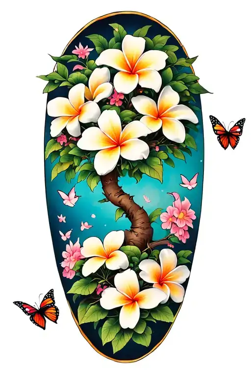 Plumeria Tree With Blooming Flowers And Butterflies Flying Around