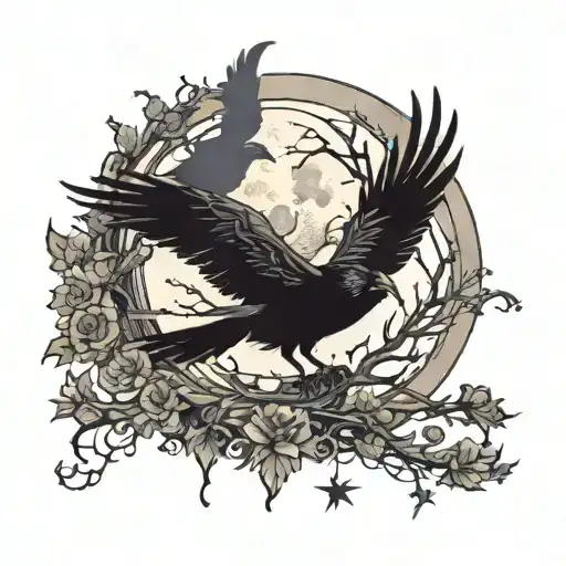 Cresent Moon And Ravens Flying Away