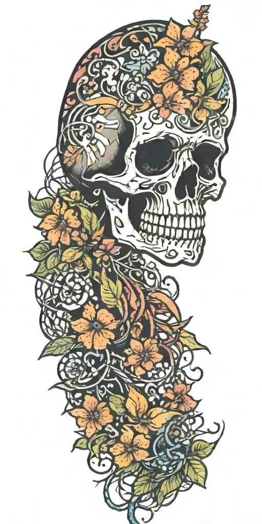 Many Colorful Tropical Flowers With A Skull And A Subtle Strand Of Rusty Barbed Wire