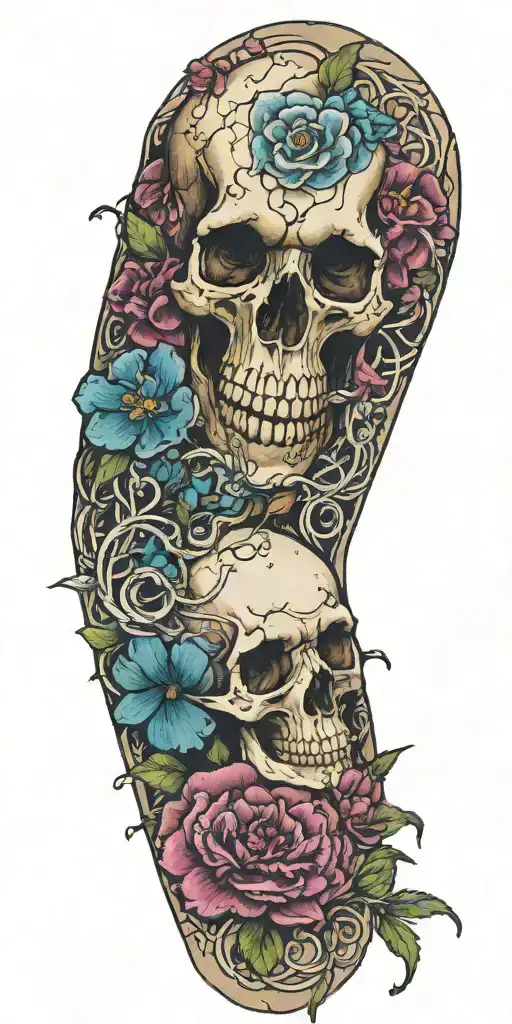 Colorful Peonie And Orchid Sleeve And A Subtle Strand Of Rusty Barbed Wire And One Cthulu Skull