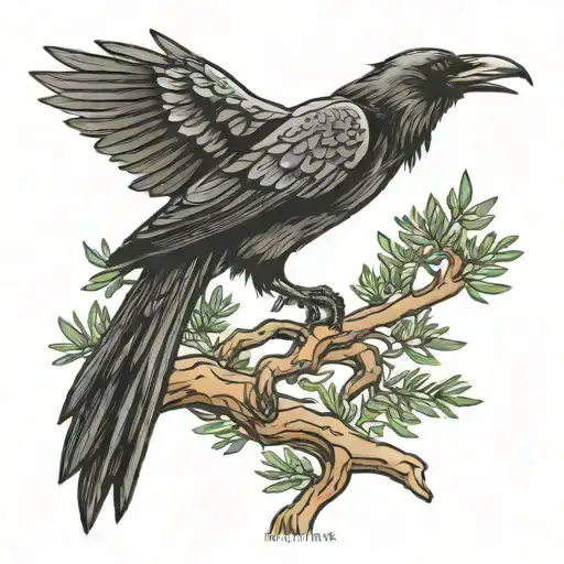 Raven Perched On Juniper Tree