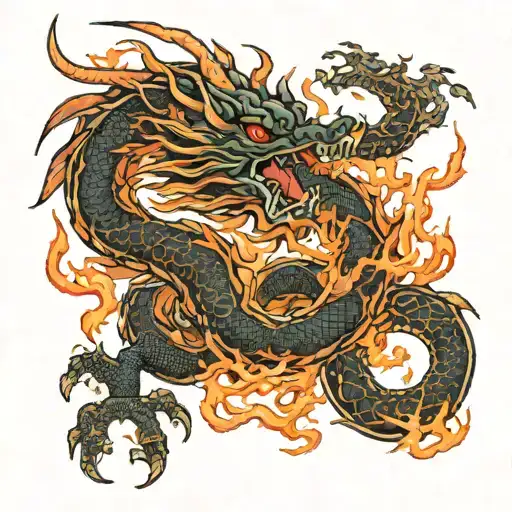 Japanese Dragon Surrounded With Fire