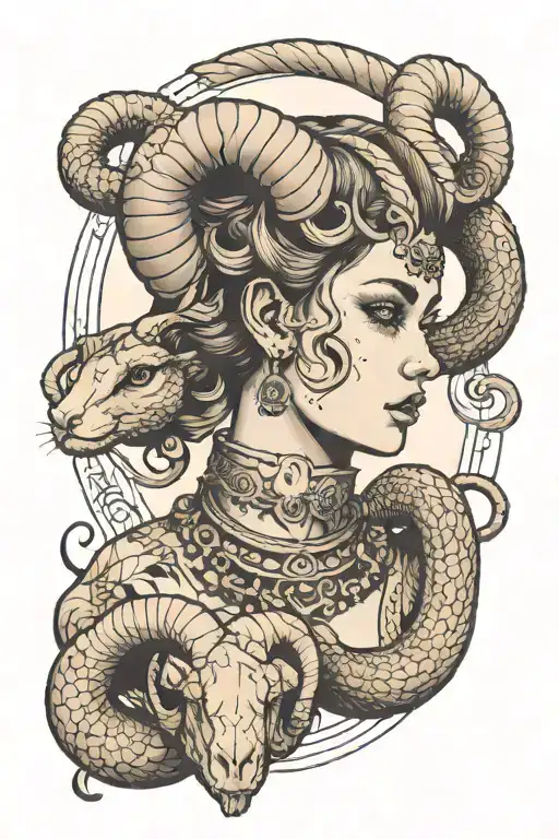 Girl With Ram's Horns And A Snake On Her Neck