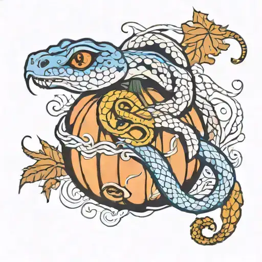 Pumpkin With A Scheletal Snake And A White Snake With Blue Eyes