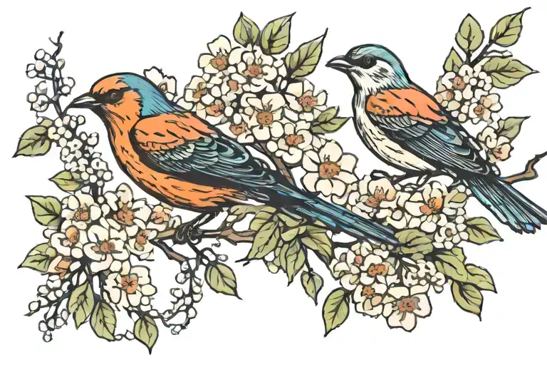 Bird And Hawthorn Tree With Flowers