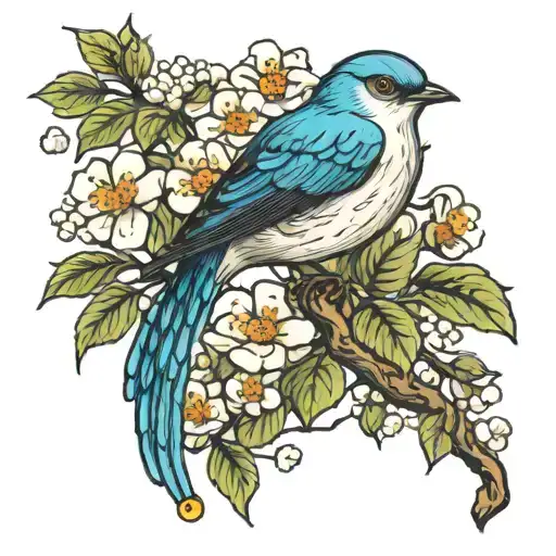 Bird And Hawthorn Tree With Flowers