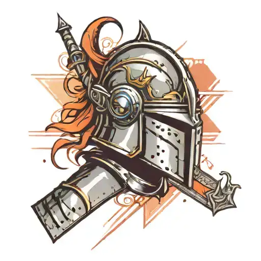 Knight In Closed Helmet With Sword In Abstract Lines And Armor
