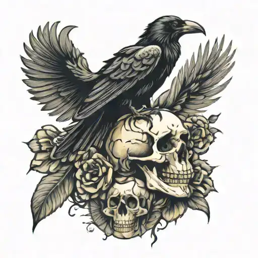 Raven Standing On Top Of A Skull With Wings Spread
