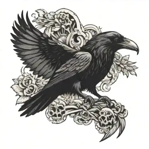 Raven With Wings Spread Standing On Top Of A Skull