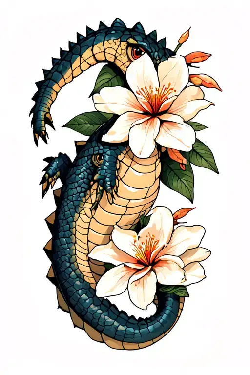 Alligator With Orange Blossoms And Magnolia Flower
