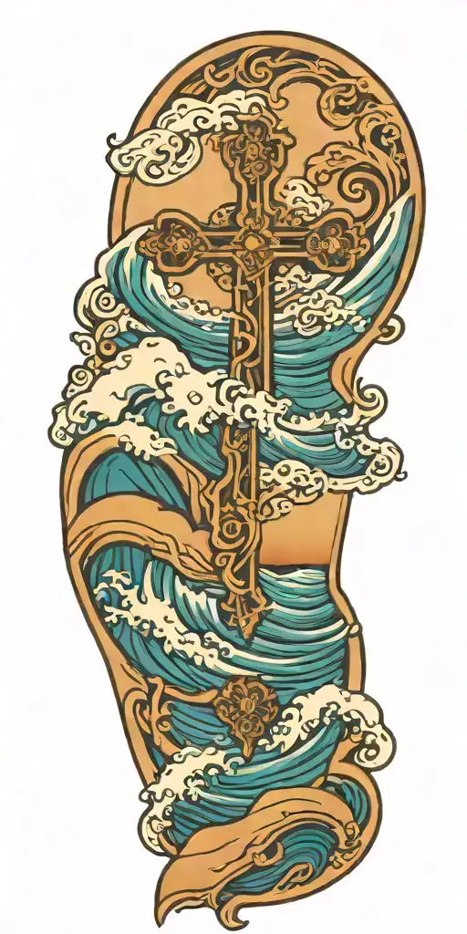 Ocean Waves With A Cross In The Sand