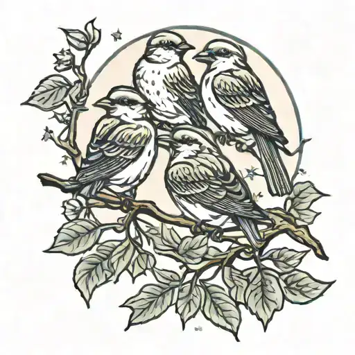 Three Little Birds Sitting On A Branch With A Moon And Four Stars In The Background