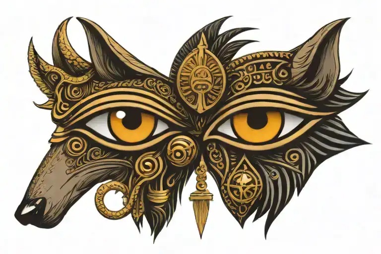 Eye Of Ra Egyptian God As One Eye And Normal Wolf Eye In Wolf Face Looking Straight