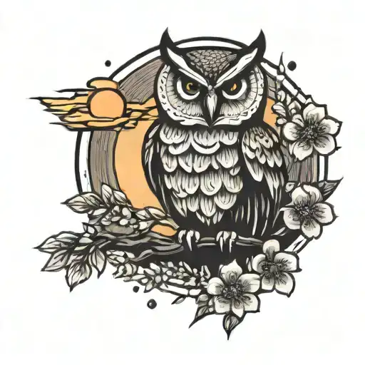 Owl Sun Setting Cherry Blossom Petals Falling