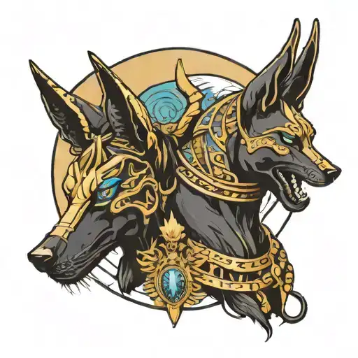 Make Me A Anubis Tattoo With Blue Eyed Wolves On Moon With Cayotes Behind White And Black