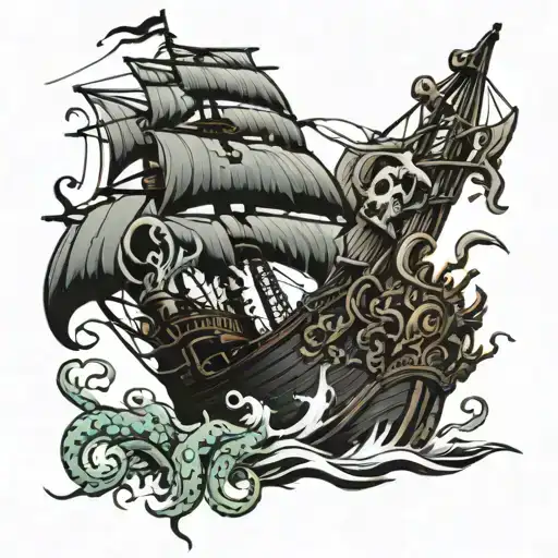 Pirate Ship Wth Kraken Attacking