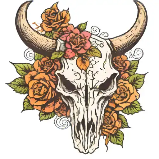 Bull Skull Back Tattoo With Roses And Plants Around