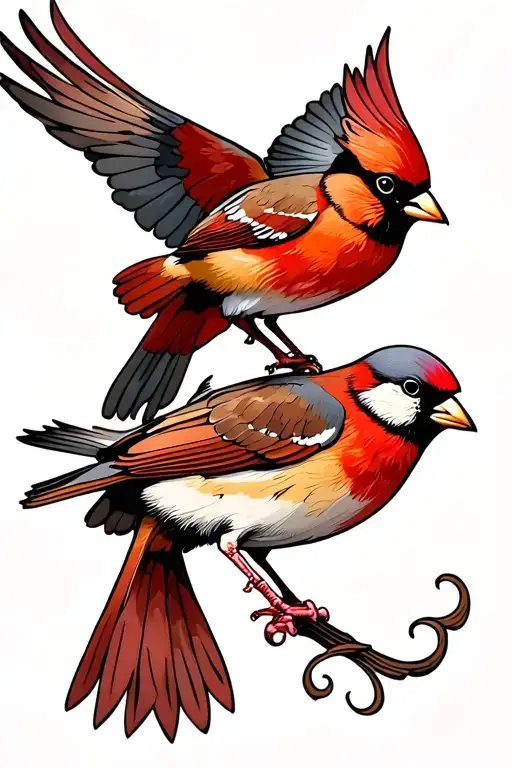 Sparrow And Pigeon And Cardinal Flying