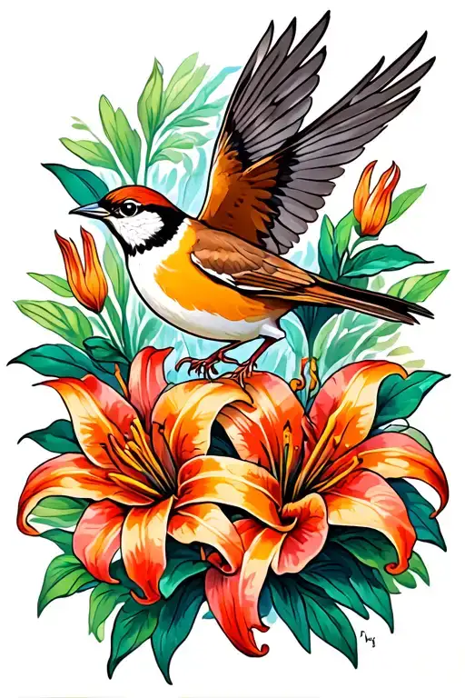 Sparrow Flying Surrounded By Tiger Lily Flowers