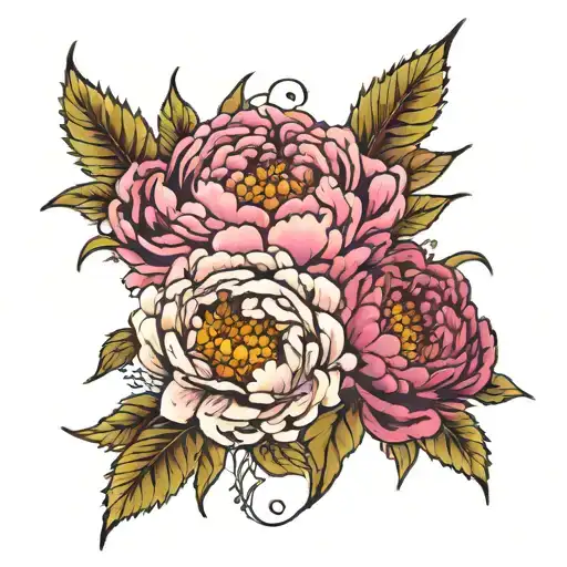 Peony Flowers And Chrysantheum And Rose And Violet And Daisy Intertwined