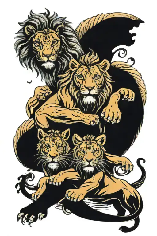 Poseidon And Lioness Protecting Twin Cubs Playing