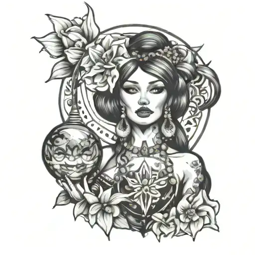 Gypsy Lady With Big Earrings With A Crystal Ball Surrounded By Lillies