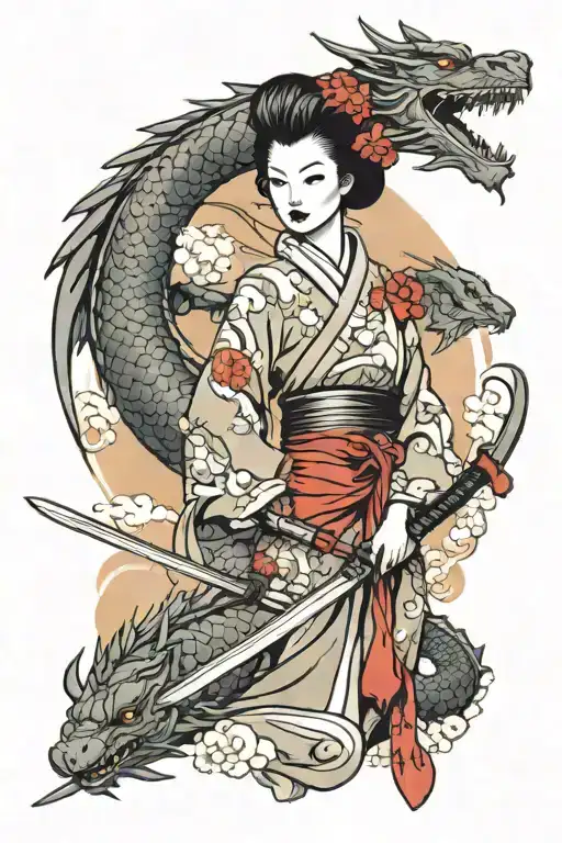Geisha Holding A Katana Surrounded Dragon Flying
