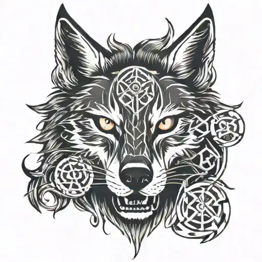 Demon Wolf Face With Rune In The From Head And Enoch Runes Around The