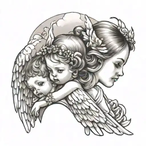 Baby Girl With Two Angels And God Looking Over Her Shoulder