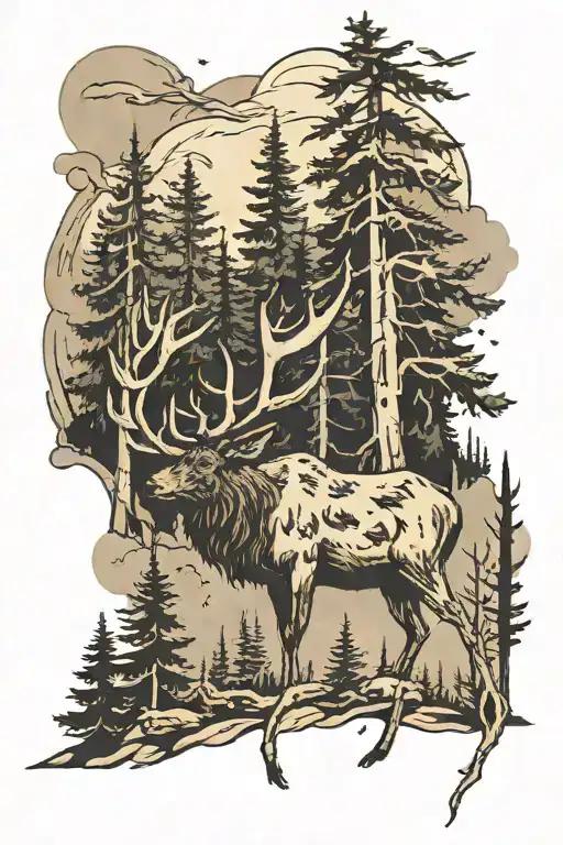 Elk With Pine Trees And Bear Prints Slowly Fading