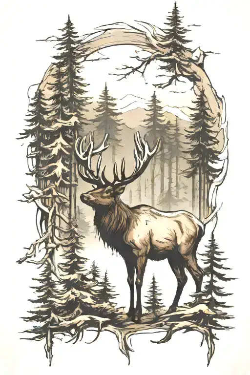 Elk With Pine Trees And Bear Prints Slowly Fading