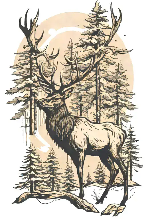 Elk With Pine Trees And Bear Prints Slowly Fading