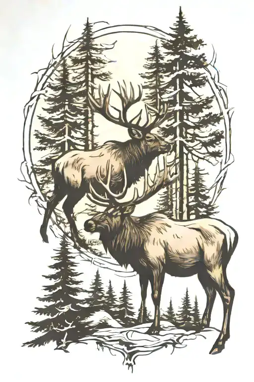 Elk With Pine Trees And Bear Prints Slowly Fading