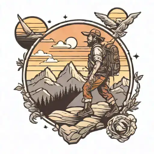 Hiker Far Away With Mountains And Sunset Sky