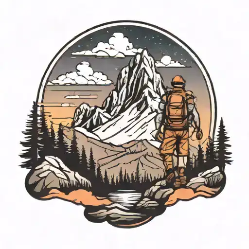 Hiker Far Away With Mountains And Sunset Sky