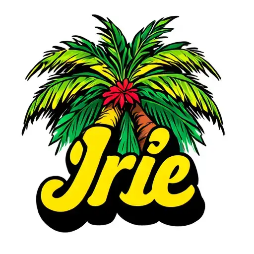 The Word Irie In Reggae Colors With A Palm Tree In Cursive