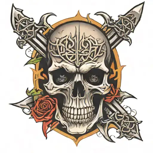 Skull On Shoulder With Celtic Swords Going Through A Split Fractured Skull '