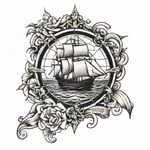 Nautical Compass Rose With Sailing Ship Sailing Through A Sea