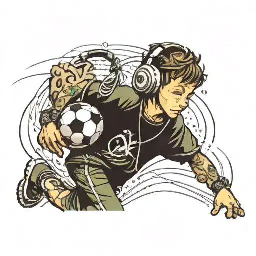 Kid Walking With A Soccer Ball Under His Hands And Headphones On