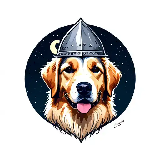 Golden Retriever Puppy Head Wear A Knight Hat With The Moon Behind